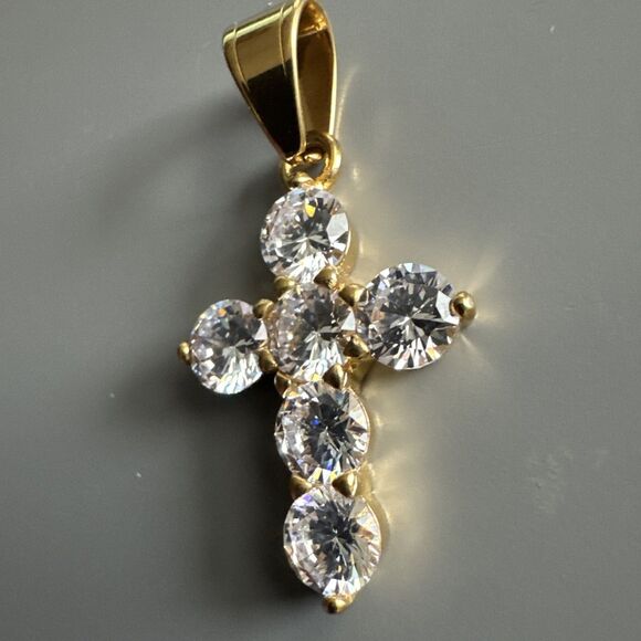 Cubic Zirconia Stainless Steel Cross Pendant Gift Trendy 24” Necklace Gold Tone - Picture 3 of 6
